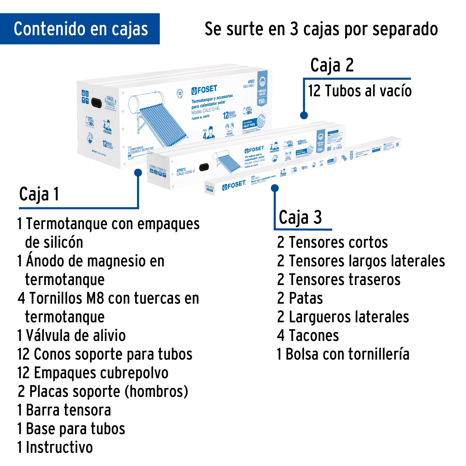 Calentador solar HeatPipe, 12 tubos, 150L, 4 personas, FOSET