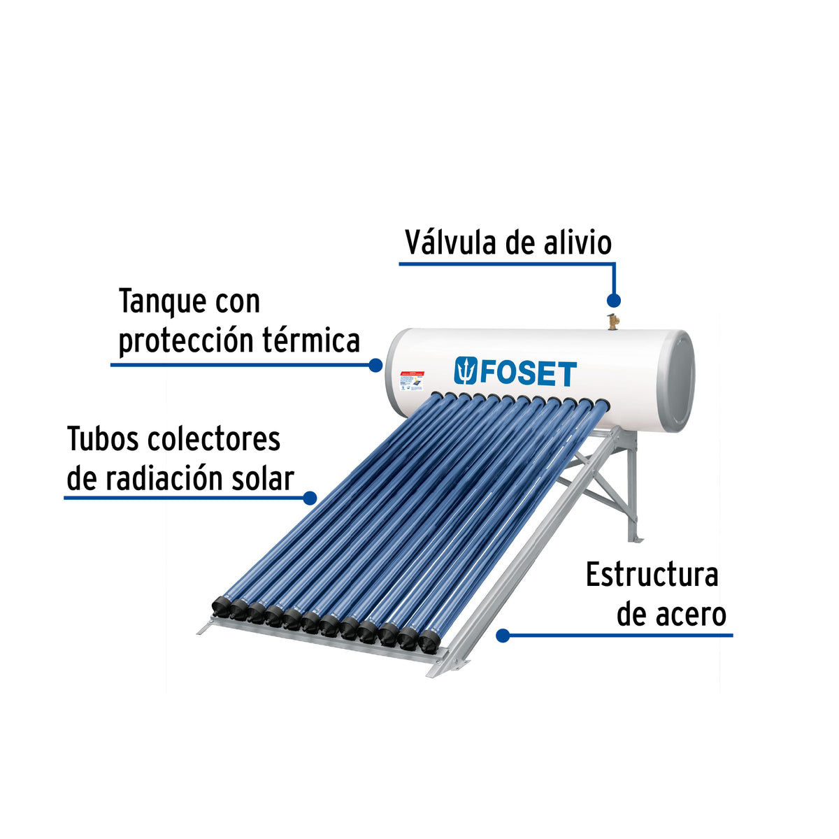 Calentador solar HeatPipe, 12 tubos, 150L, 4 personas, FOSET