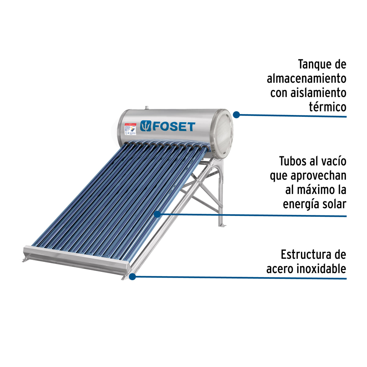 Calentador solar de agua, 12 tubos, 150L, 4 personas, FOSET