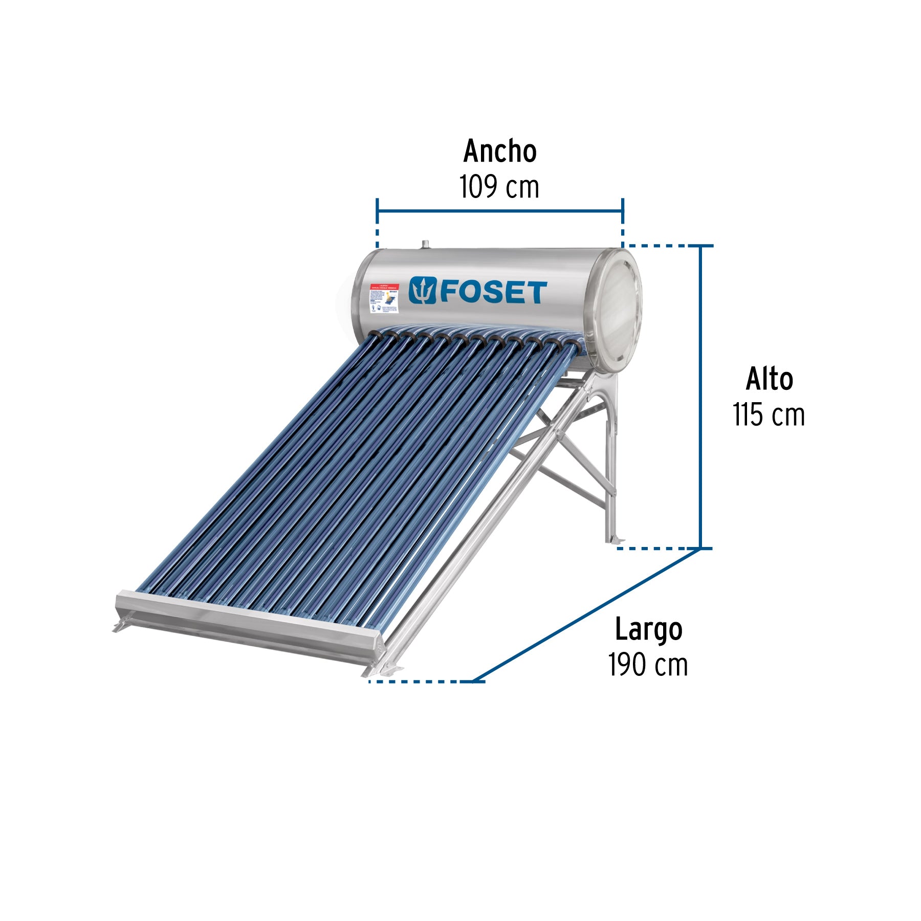 Calentador solar de agua, 12 tubos, 150L, 4 personas, FOSET