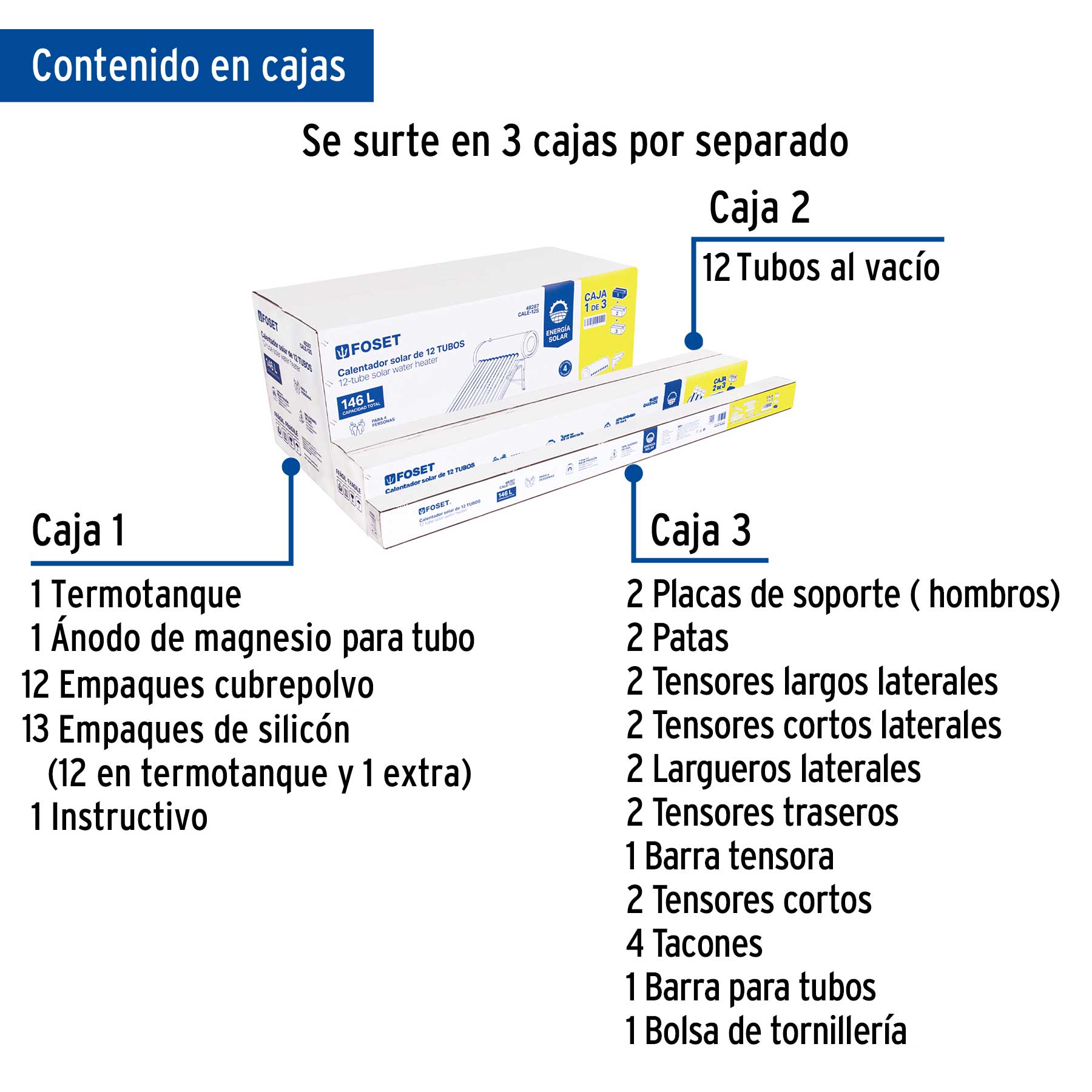 Calentador solar de agua, 12 tubos, 150L, 4 personas, FOSET