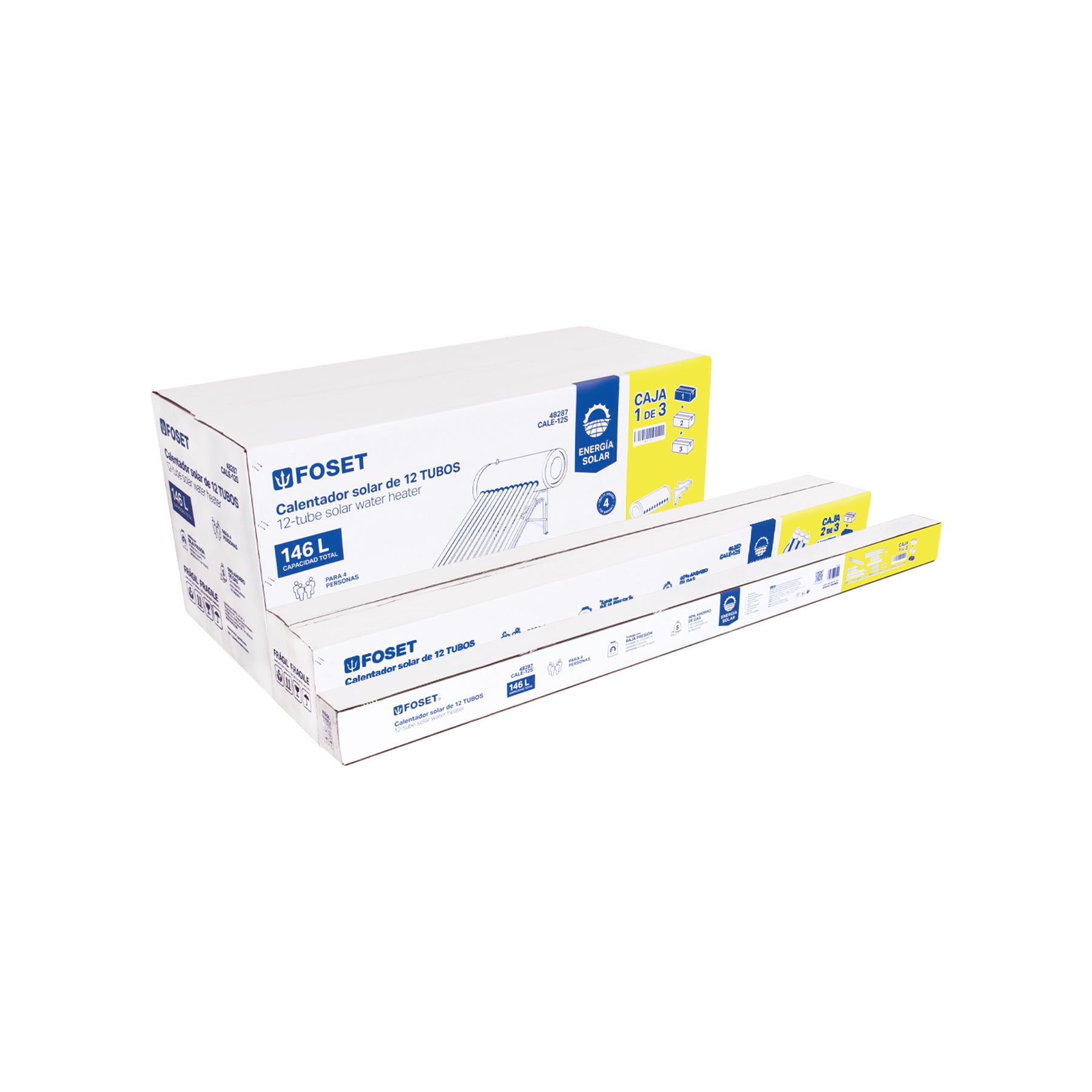 Calentador solar de agua, 12 tubos, 150L, 4 personas, FOSET