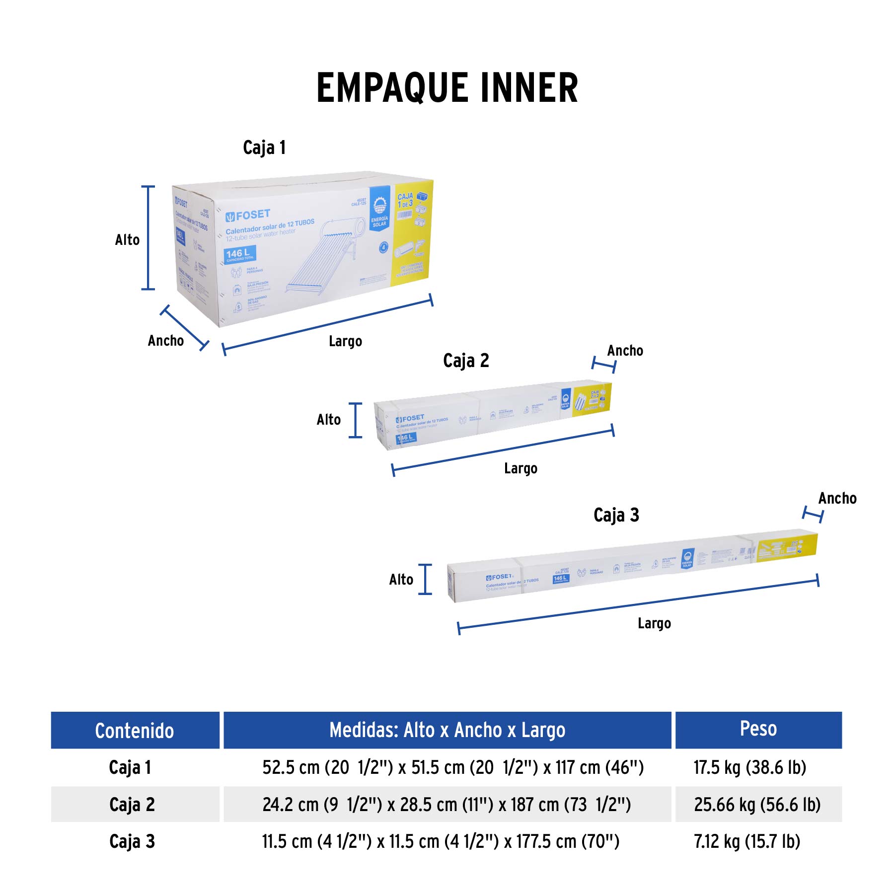 Calentador solar de agua, 12 tubos, 150L, 4 personas, FOSET