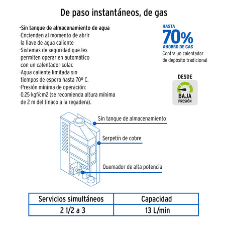 Calentador instantáneo, 13L, 3 servicios, gas LP, FOSET