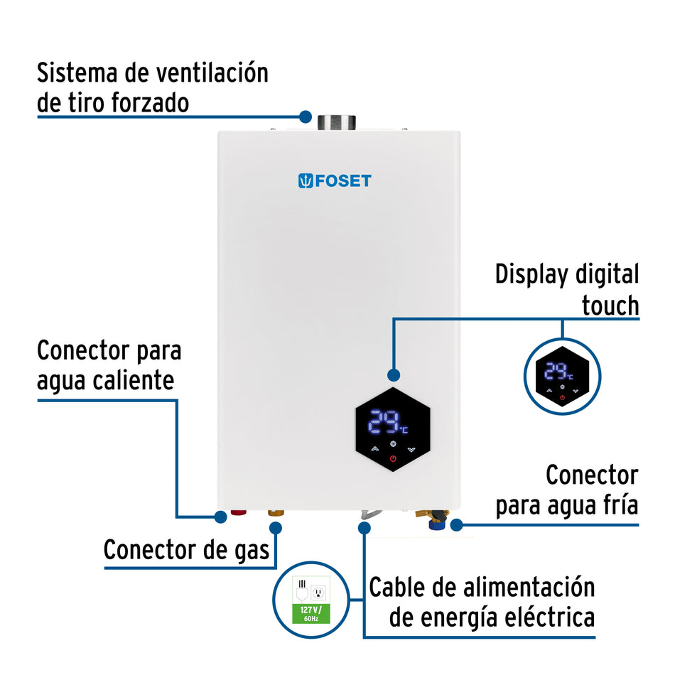 Calentador instantáneo modulante, 16L, 3 serv, gas LP, FOSET