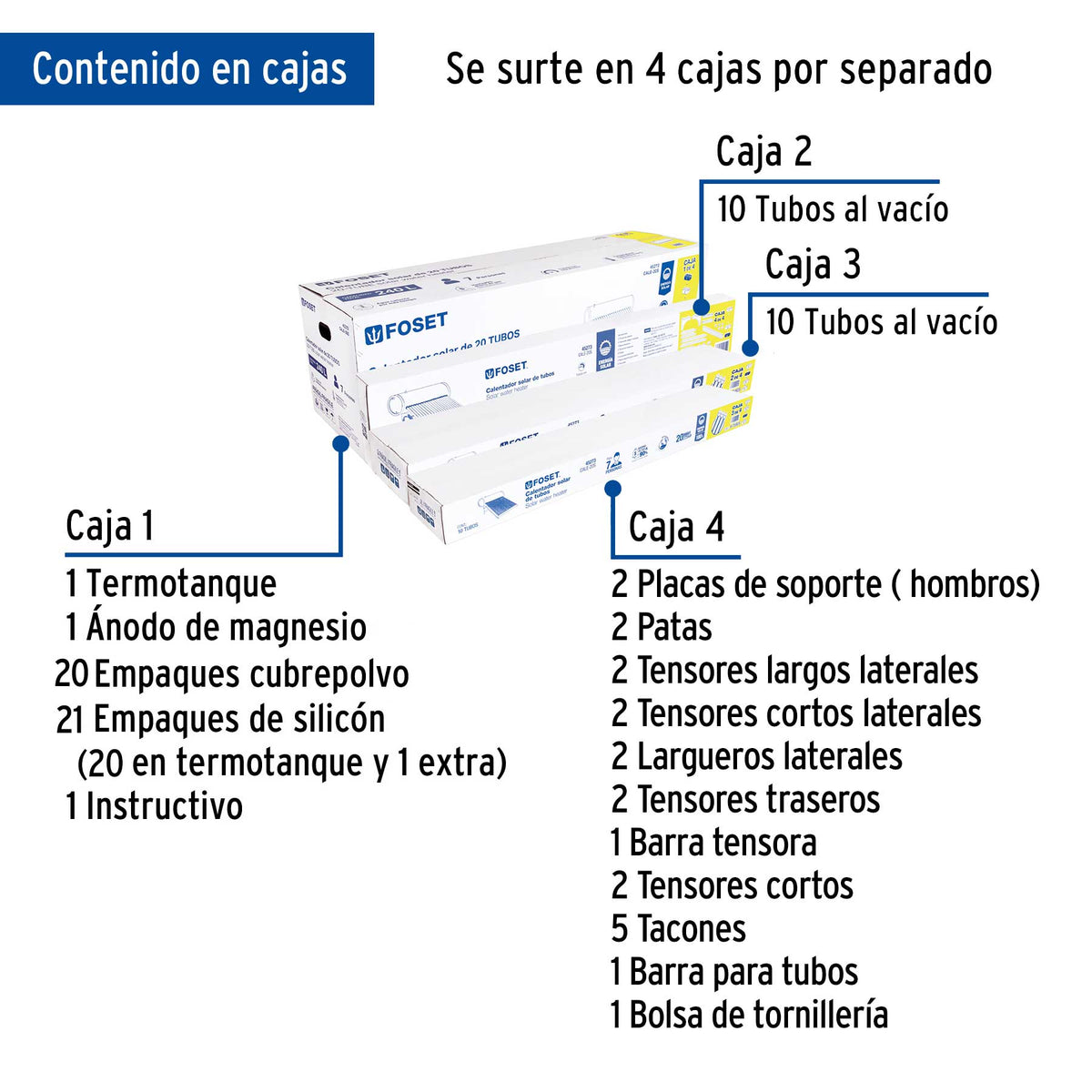 Calentador solar de agua, 20 tubos, 240L, 7 personas, FOSET
