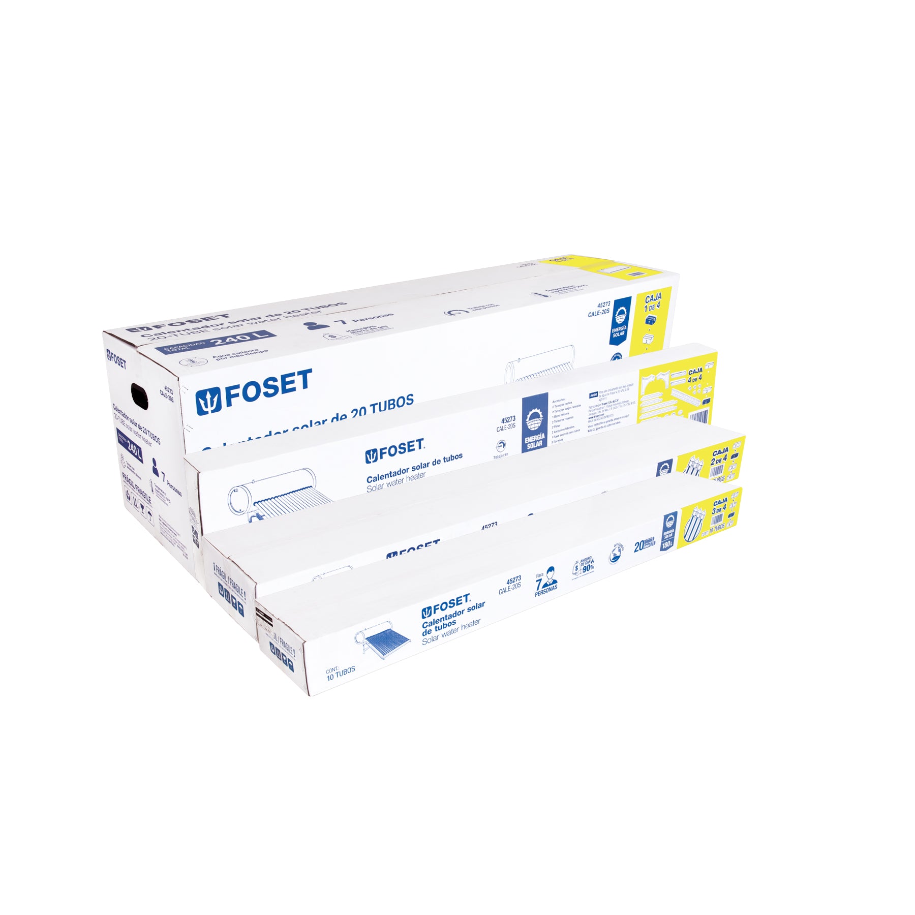 Calentador solar de agua, 20 tubos, 240L, 7 personas, FOSET