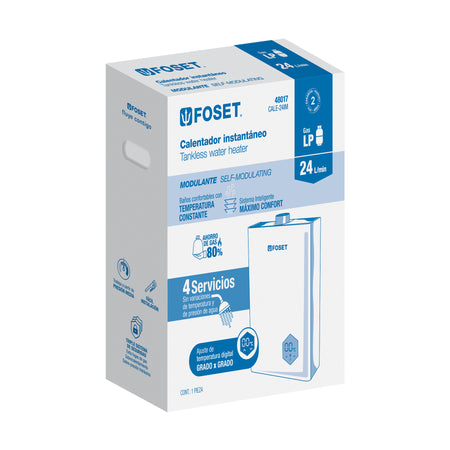 Calentador instantáneo modulante, 24L, 4 serv, gas LP, FOSET
