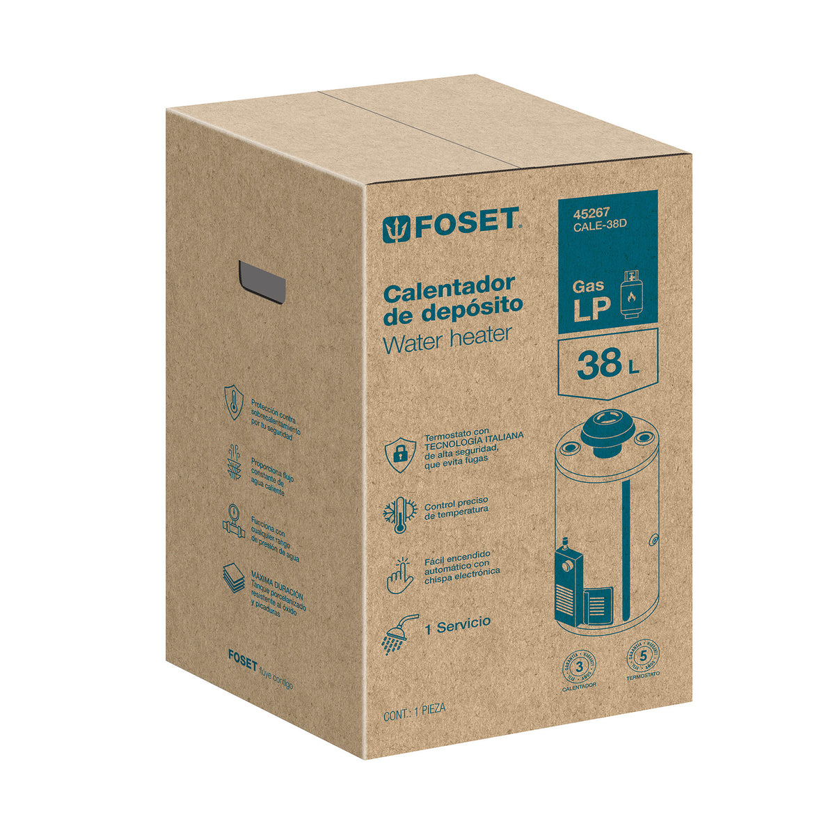 Calentador de depósito, 38L, 1 servicio, gas natural, FOSET