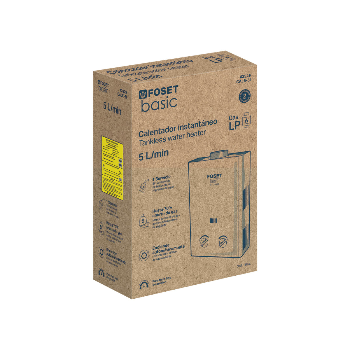 Calentador instantáneo, 5L, 1 servicio, gas LP, FOSET BASIC