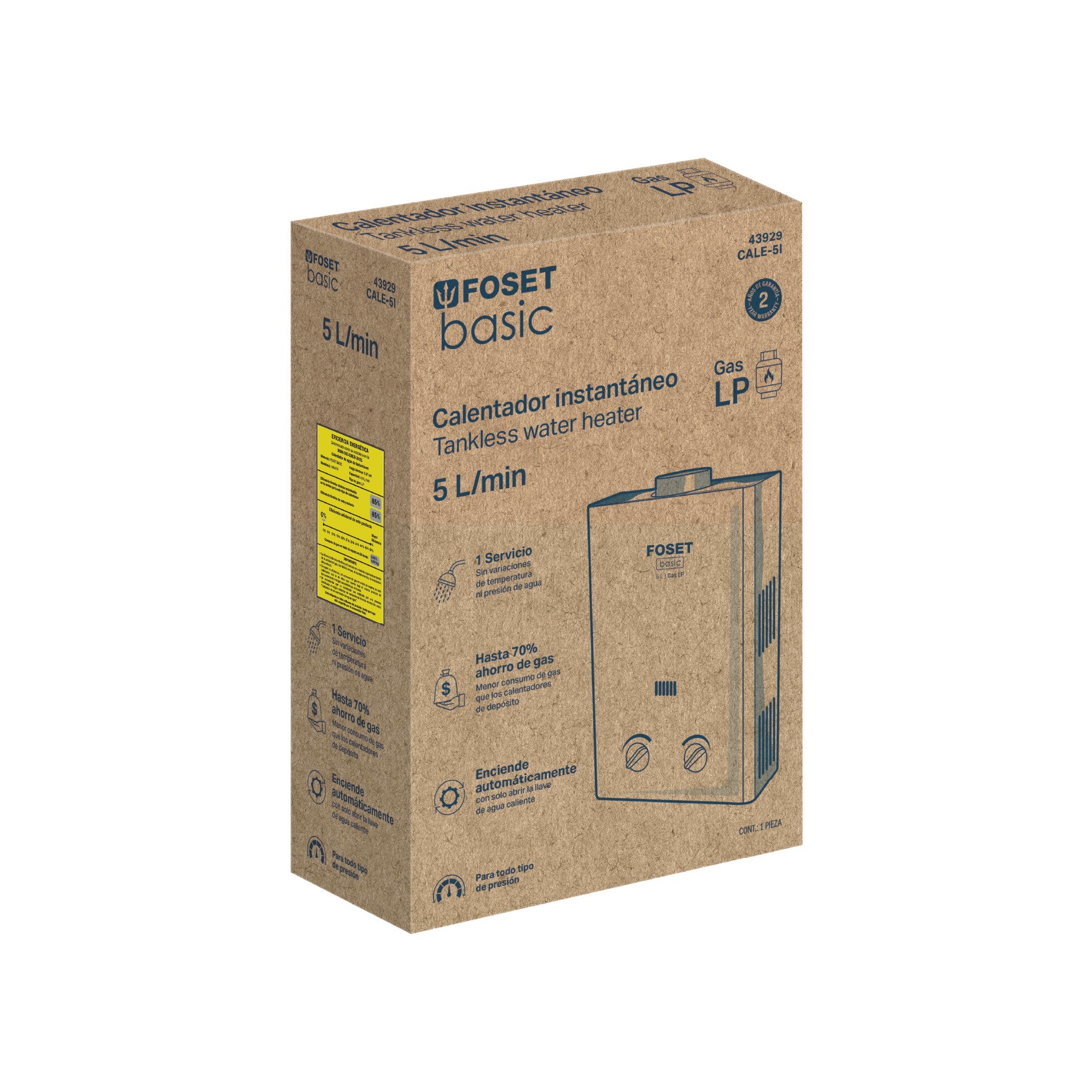 Calentador instantáneo, 5L, 1 servicio, gas LP, FOSET BASIC