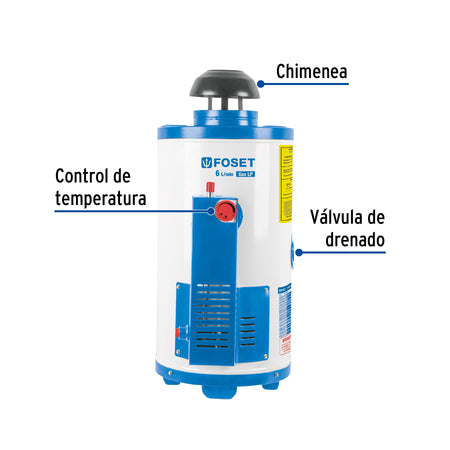 Calentador de paso, rápida recup, 6L, 1 serv, gas nat, FOSET