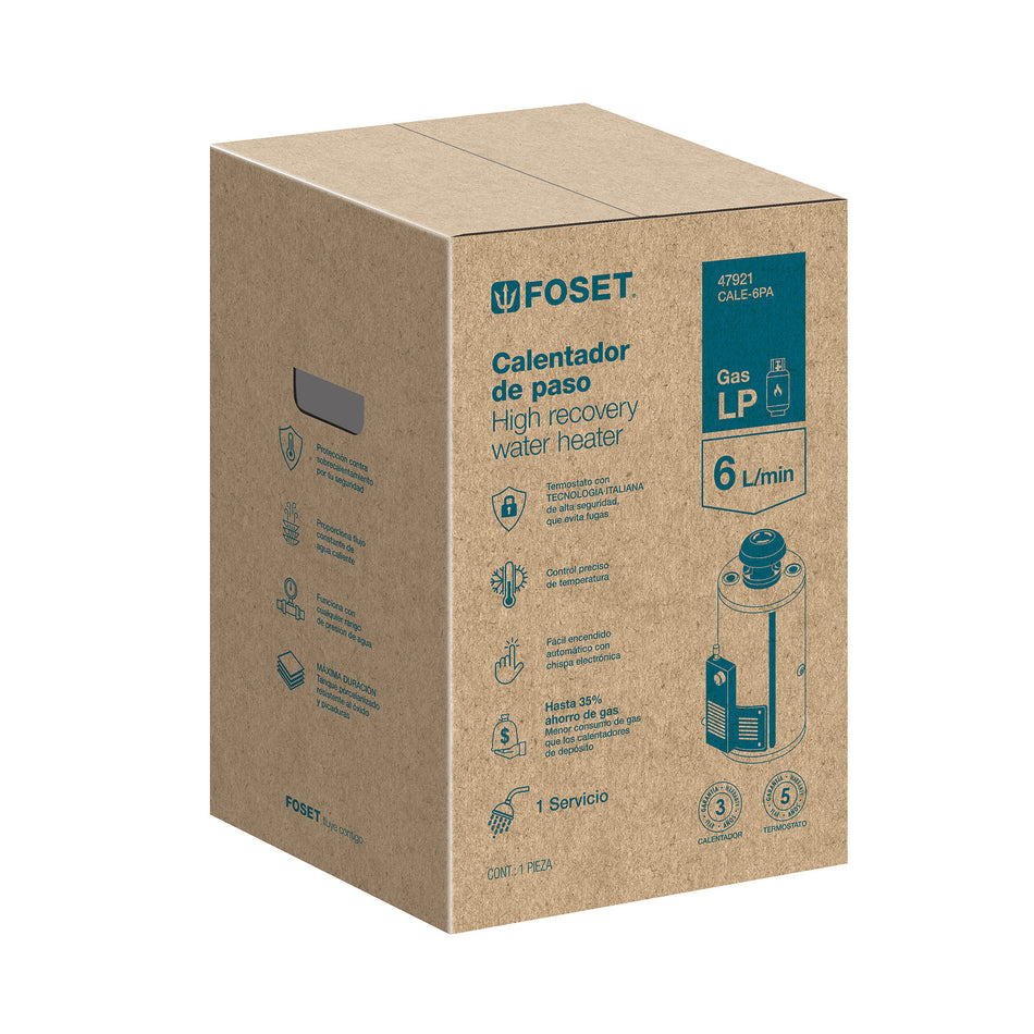 Calentador de paso, rápida recup, 6L, 1 serv, gas nat, FOSET