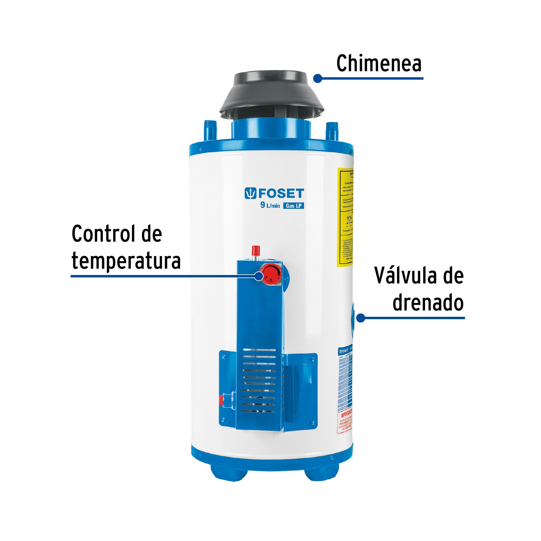 Calentador de paso, rápida recup, 9L, 2 serv, gas nat, FOSET