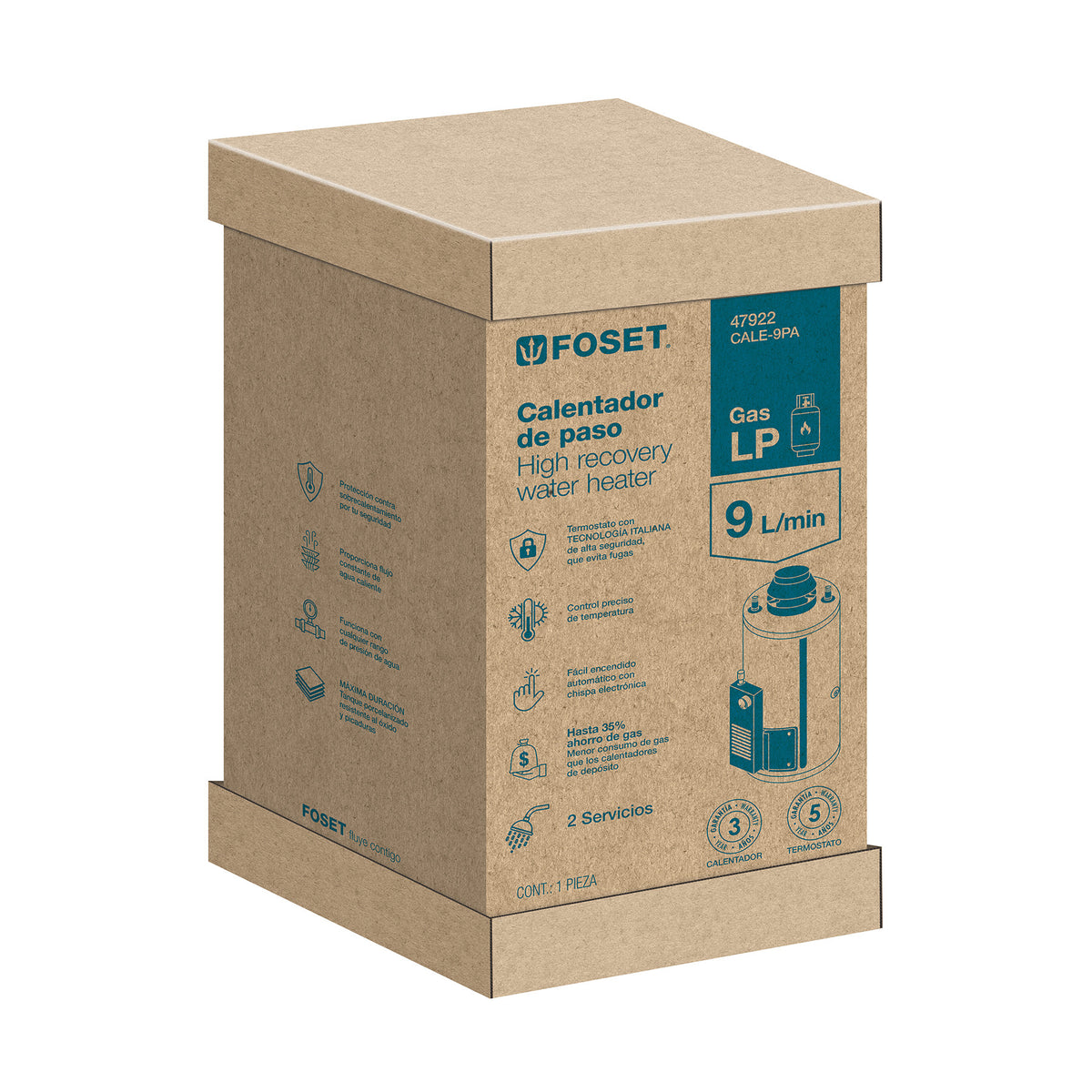 Calentador de paso, rápida recup, 9L, 2 serv, gas nat, FOSET