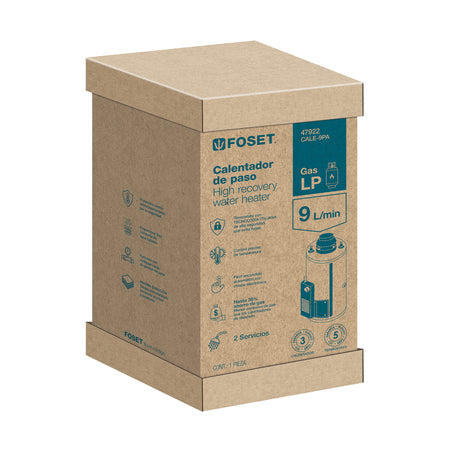 Calentador de paso, rápida recup, 9L, 2 serv, gas nat, FOSET