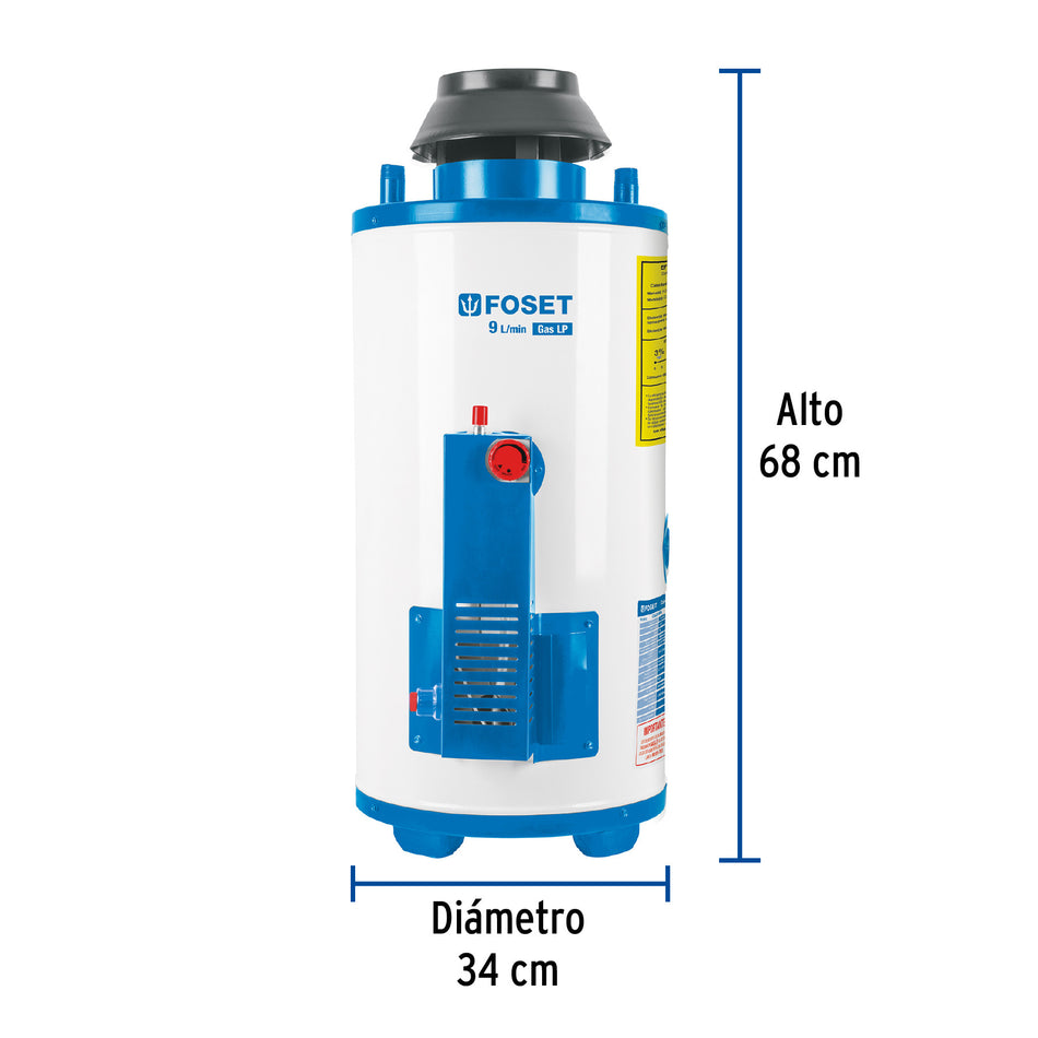 Calentador de paso, rápida recup, 9L, 2 serv, gas nat, FOSET