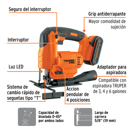 Sierra caladora 20V 1 bateria 2Ah TRUPER PRO