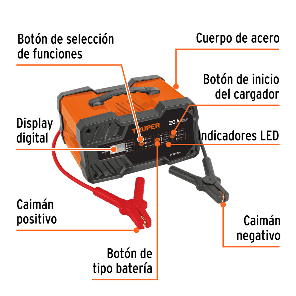 Cargador de baterías 20 A, arrancador de 100A, 12V/24V