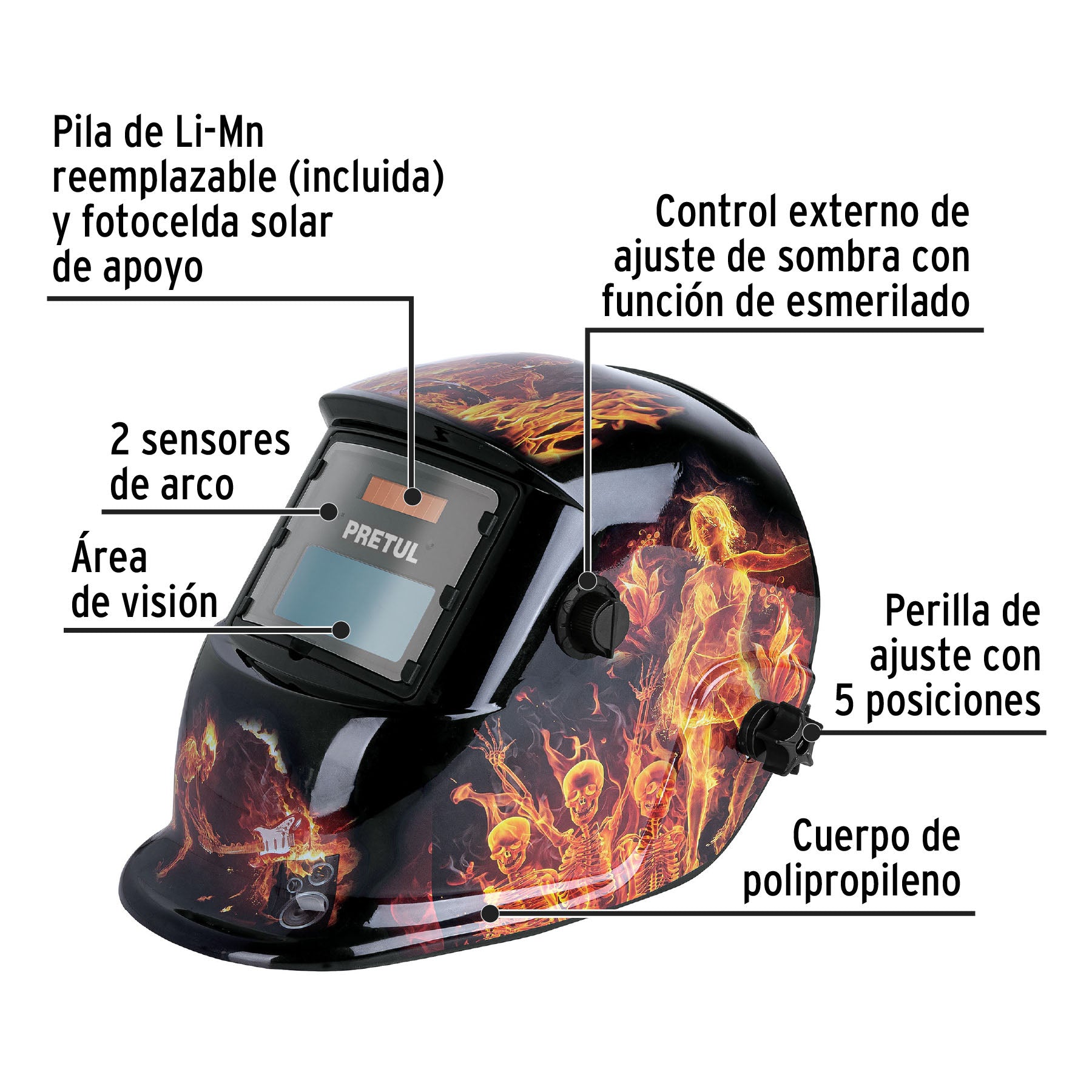Careta electronica para soldar sombra 9-13 fuego PRETUL