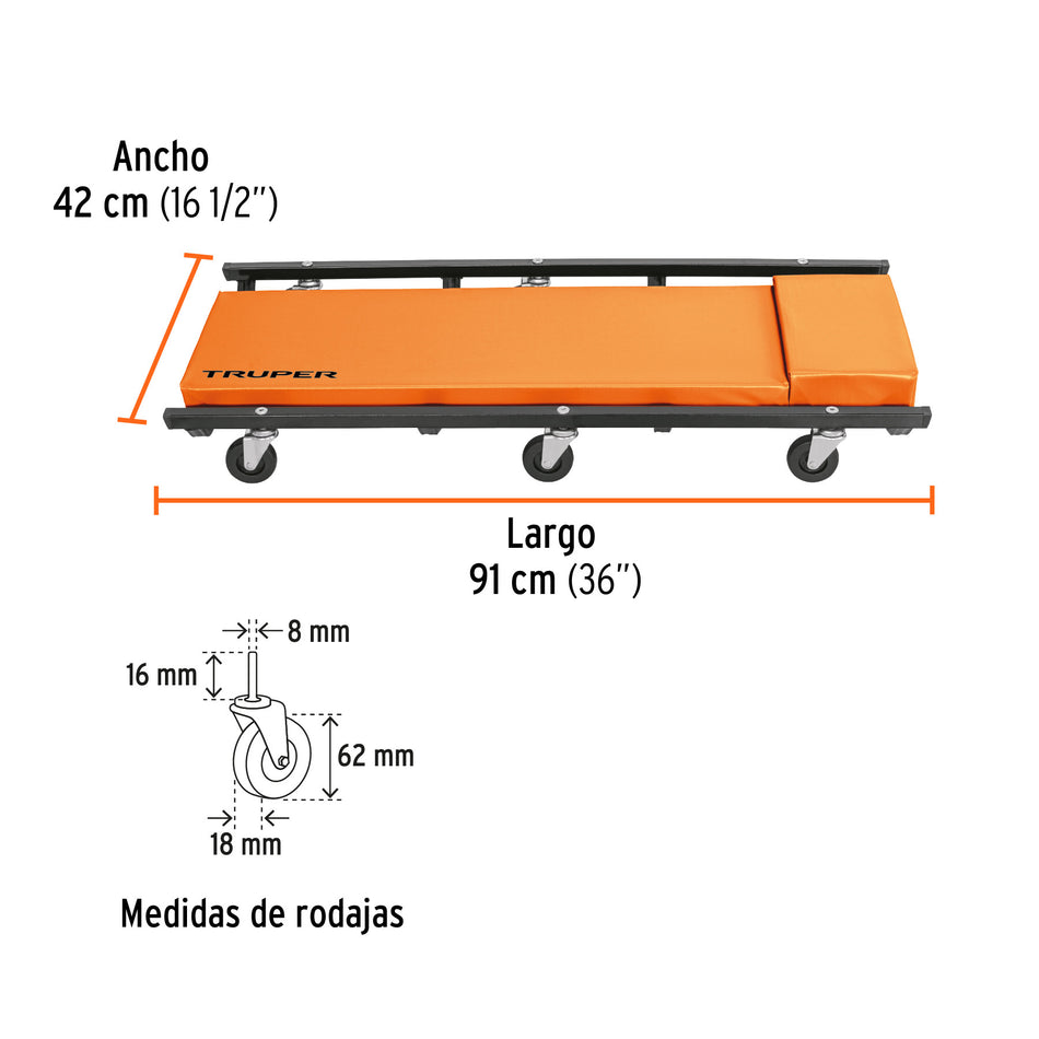 Cama de acero 36' para mecánico, Truper