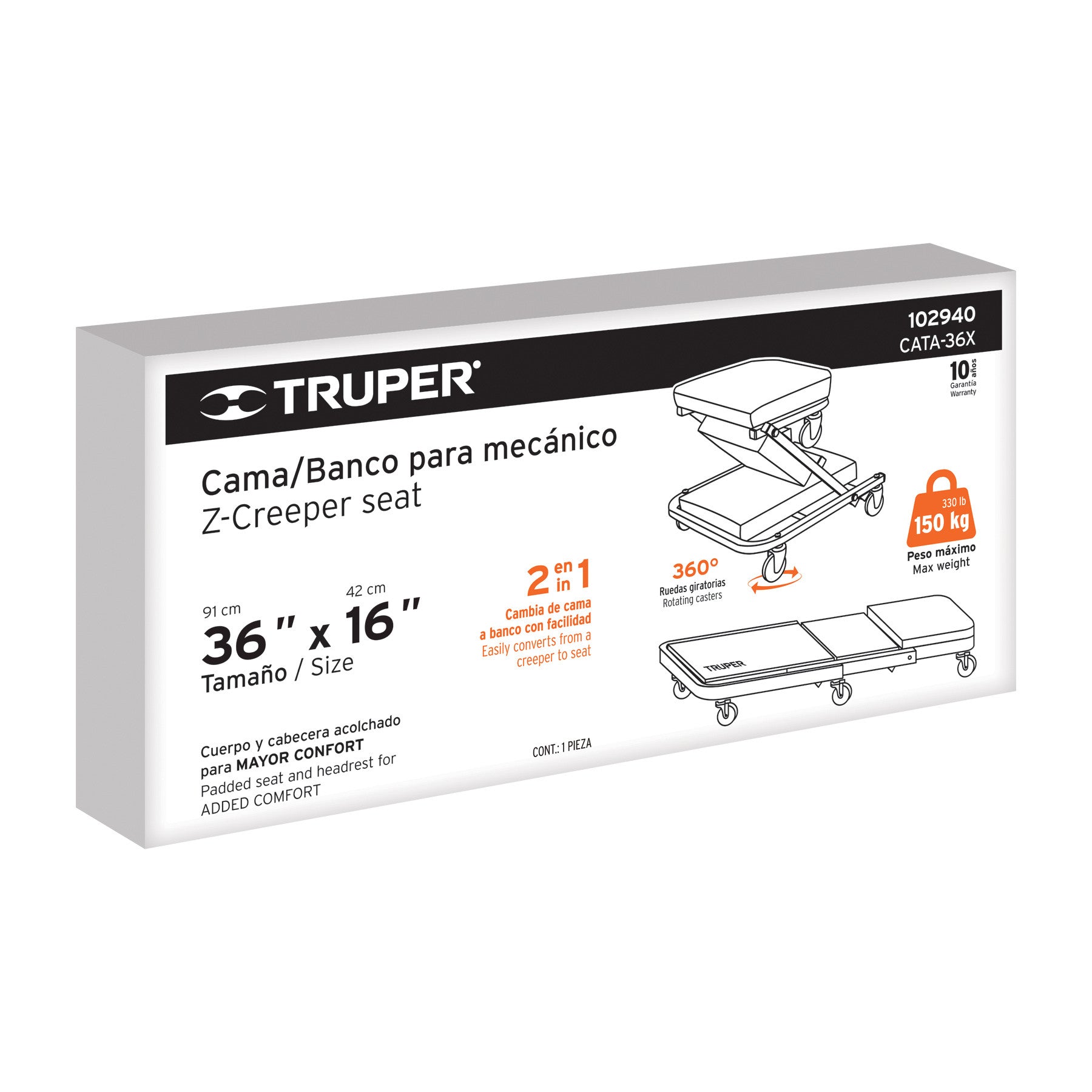 Cama / banco de 48' para mecánico, Truper