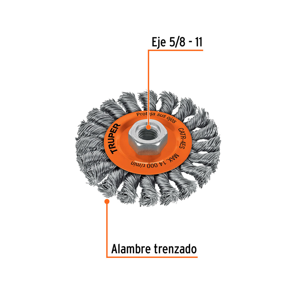 Carda circular 4' alambre trenzado, eje 5/8'-11, Truper