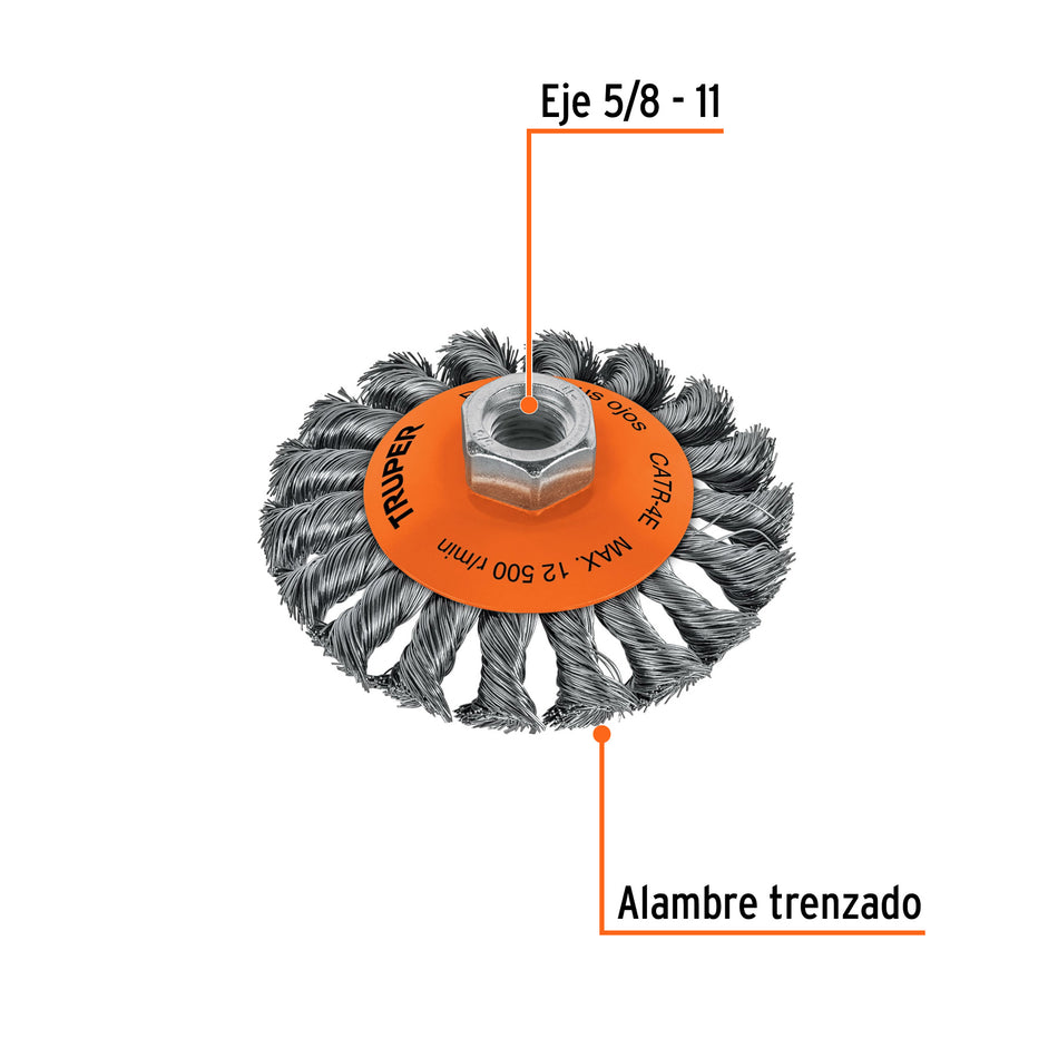 Carda tipo cónico 4' alambre trenzado, eje 5/8'-11, Truper