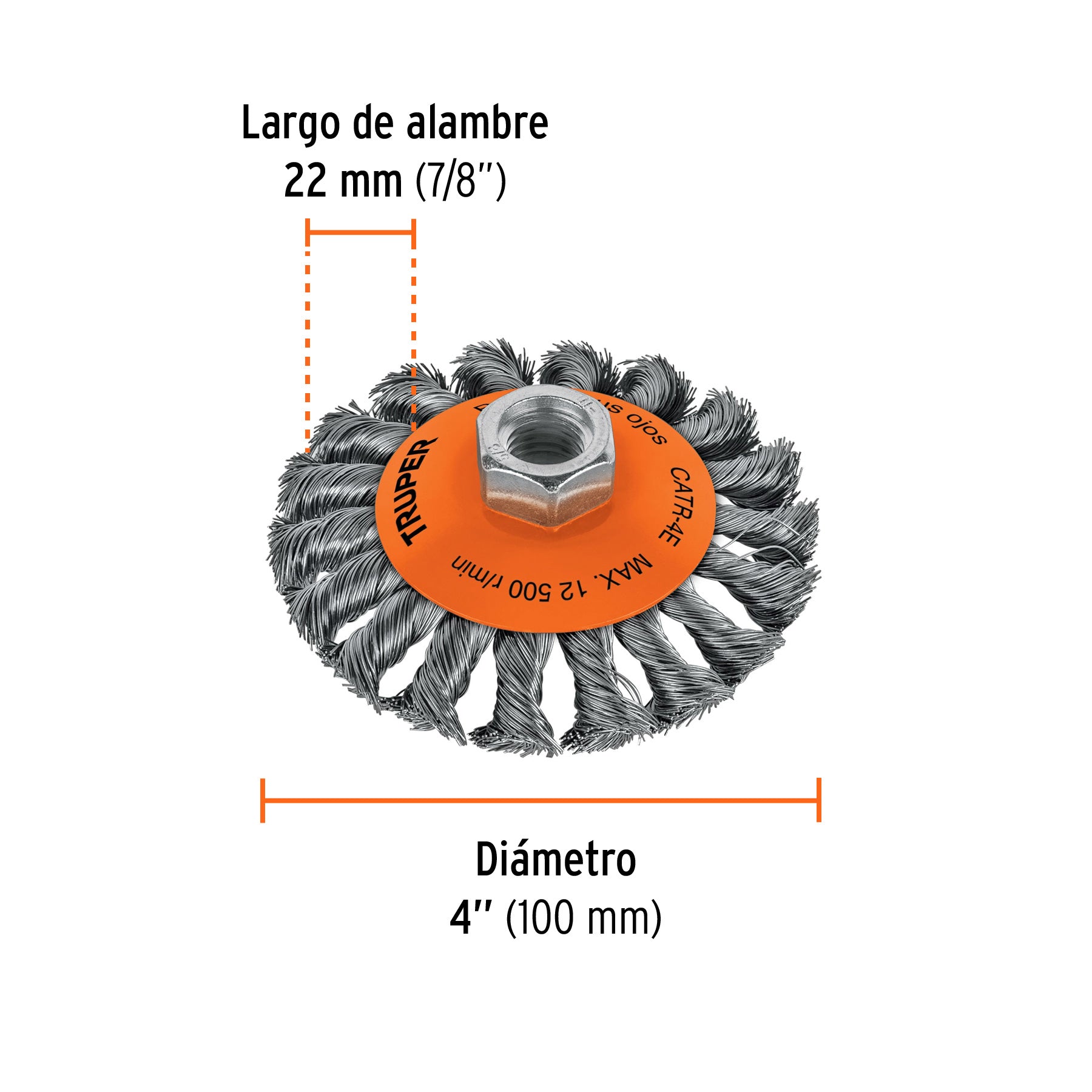 Carda tipo cónico 4' alambre trenzado, eje 5/8'-11, Truper