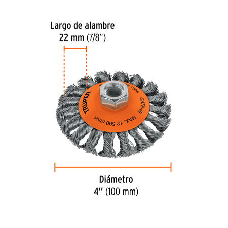 Carda tipo cónico 4' alambre trenzado, eje 5/8'-11, Truper