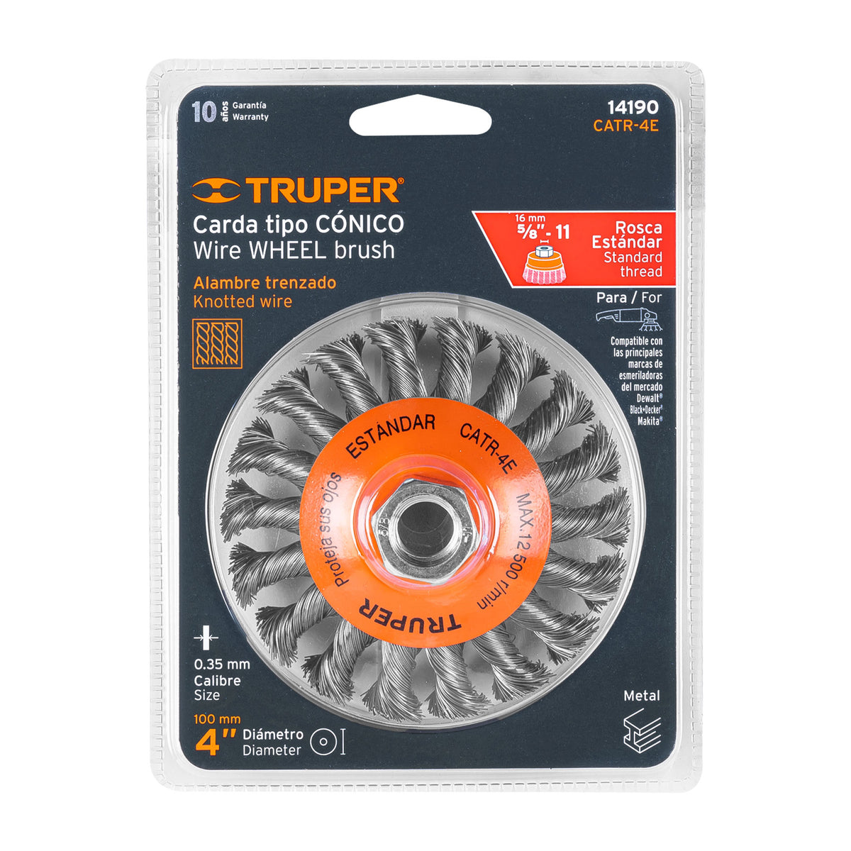 Carda tipo cónico 4' alambre trenzado, eje 5/8'-11, Truper