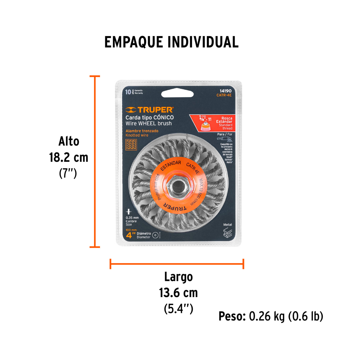 Carda tipo cónico 4' alambre trenzado, eje 5/8'-11, Truper
