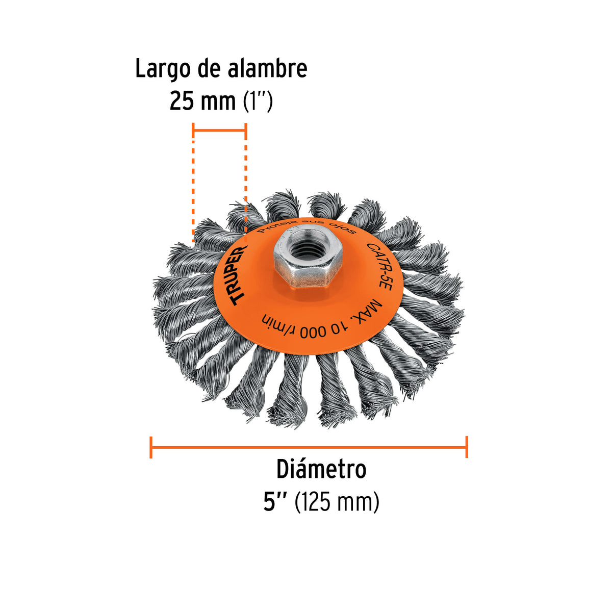 Carda tipo cónico 5' alambre trenzado, eje 5/8'-11, Truper