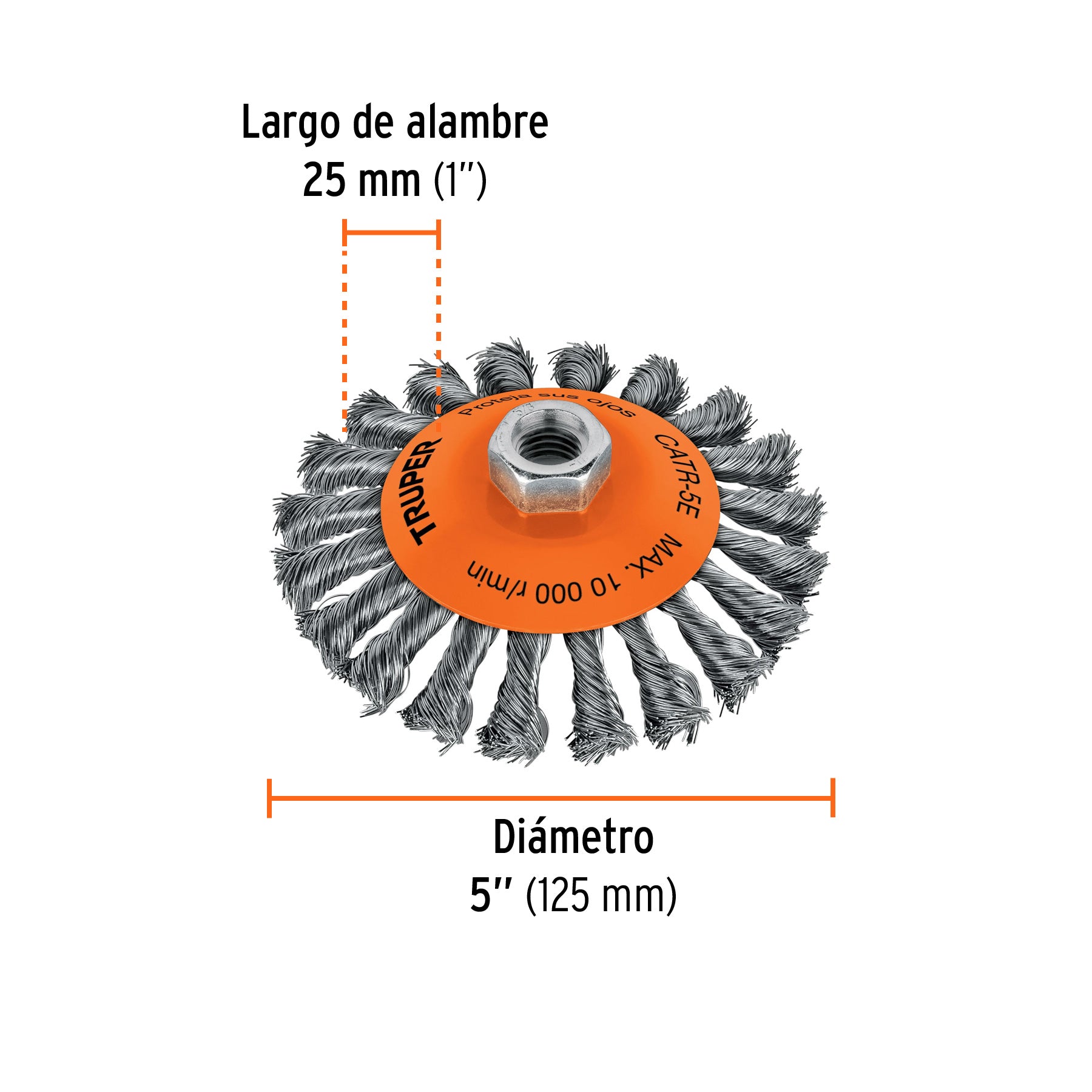Carda tipo cónico 5' alambre trenzado, eje 5/8'-11, Truper