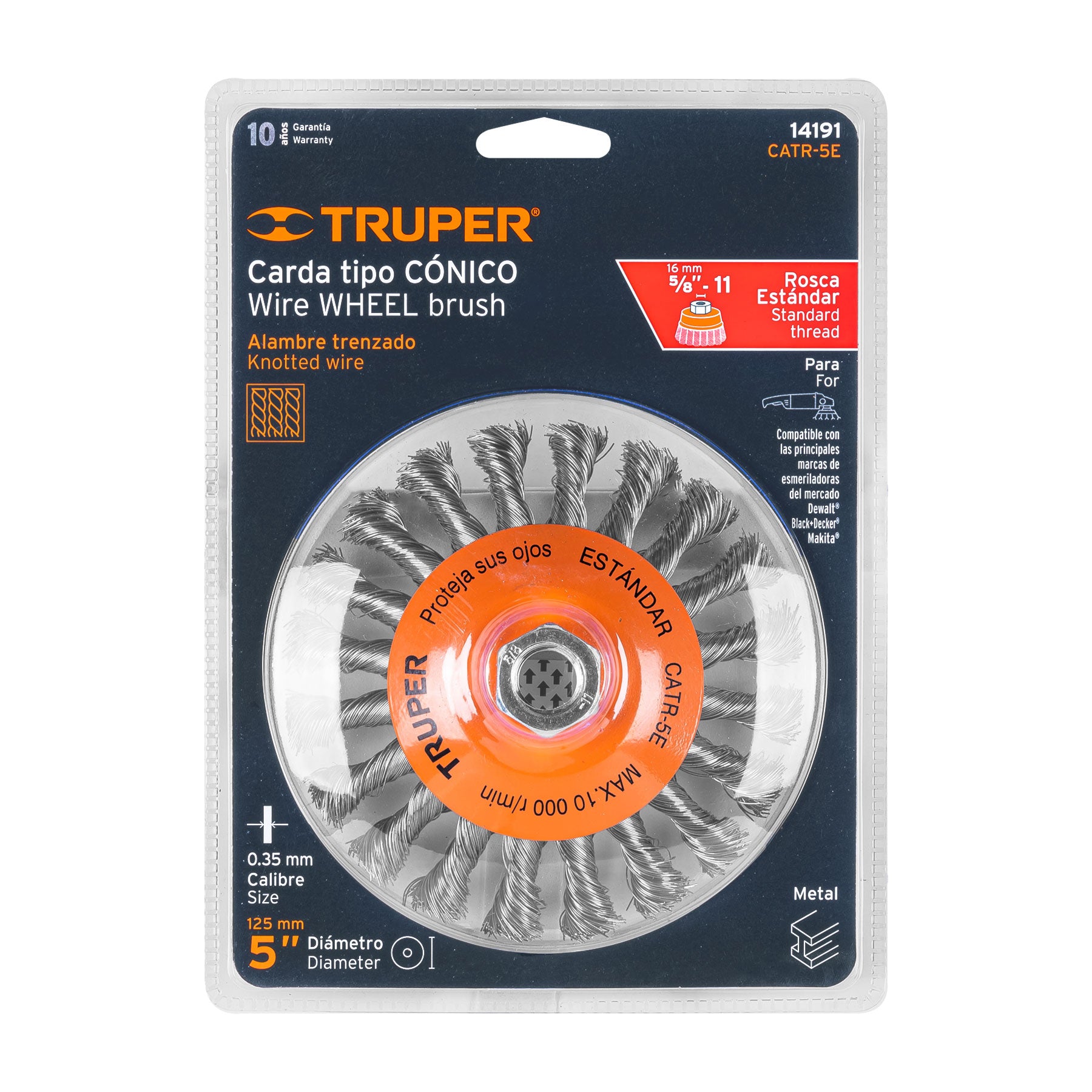 Carda tipo cónico 5' alambre trenzado, eje 5/8'-11, Truper