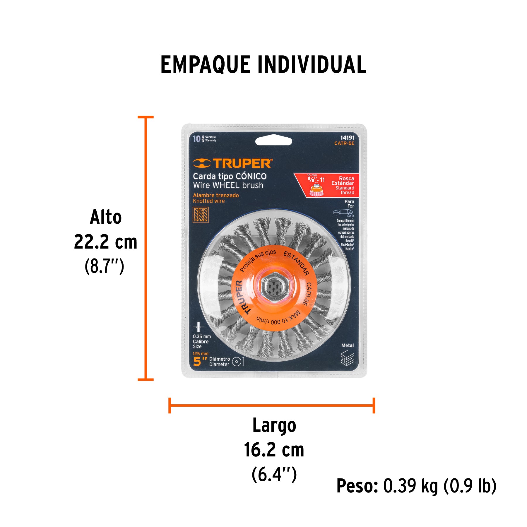 Carda tipo cónico 5' alambre trenzado, eje 5/8'-11, Truper