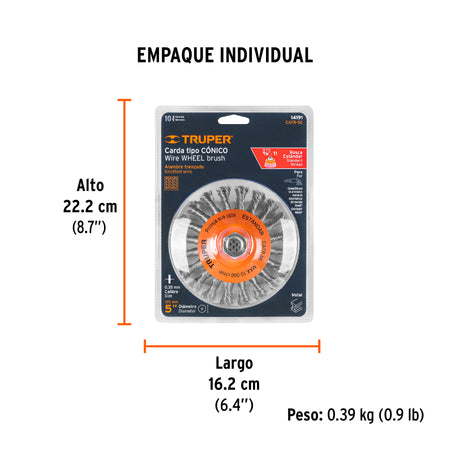 Carda tipo cónico 5' alambre trenzado, eje 5/8'-11, Truper