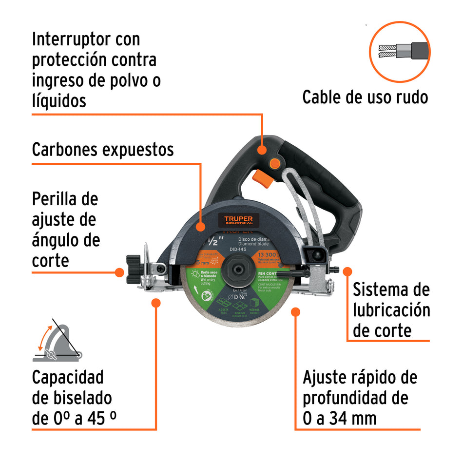 Cortadora para azulejos, 4-1/2', 1320W, TRUPER INDUSTRIAL