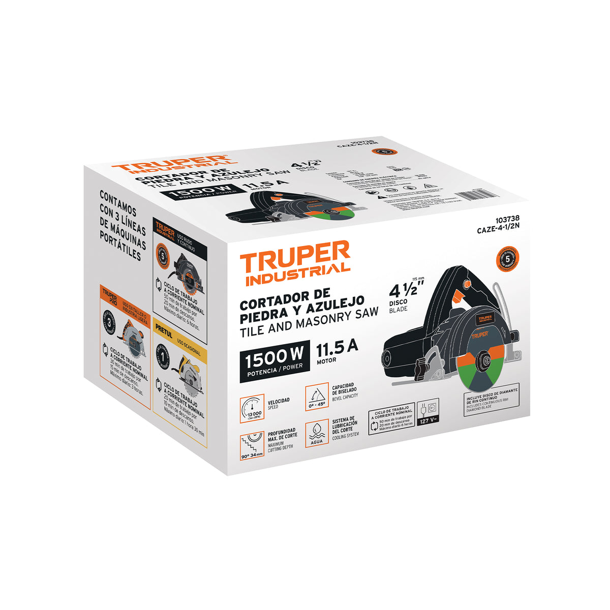 Cortadora para azulejos, 4-1/2', 1320W, TRUPER INDUSTRIAL