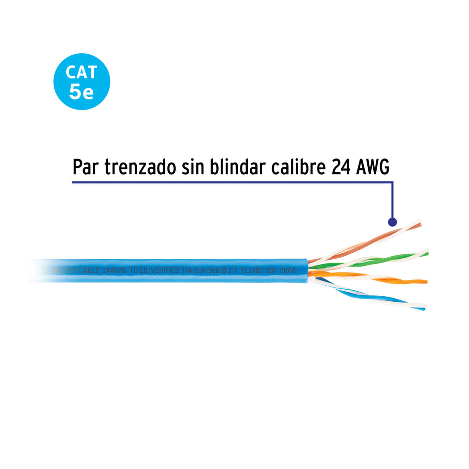 Metro de cable UTP CAT5E, Bobina de 100m, azul, VOLTECK