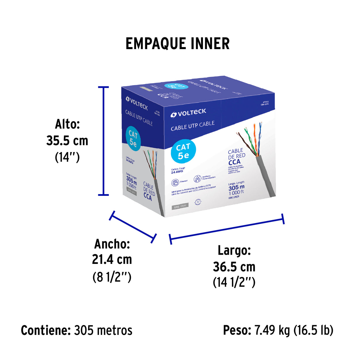 Metro de cable UTP CAT5E, Bobina de 305m, gris, VOLTECK