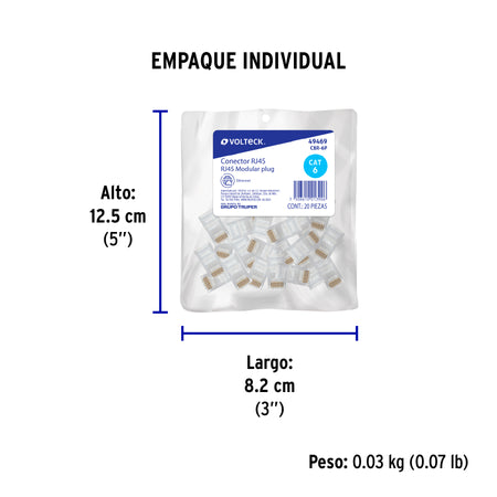 Plug RJ45 CAT6, Bolsa con 20 piezas, VOLTECK