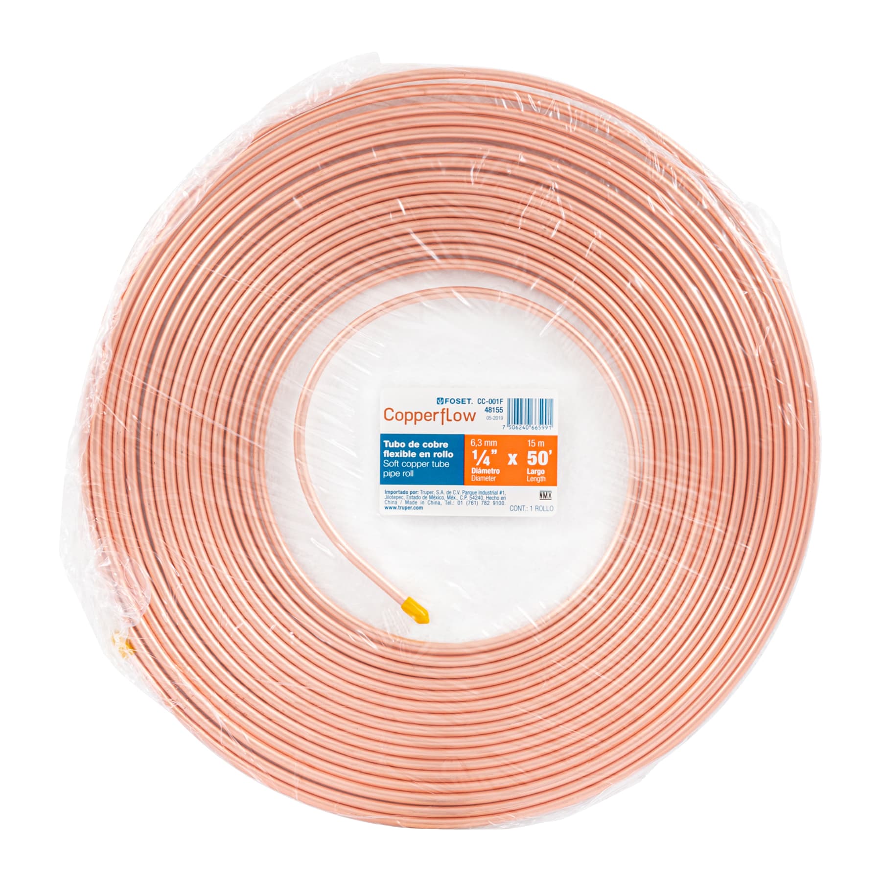 Tubo flexible de cobre 1/4" rollo de 15m 1.7kg FOSET