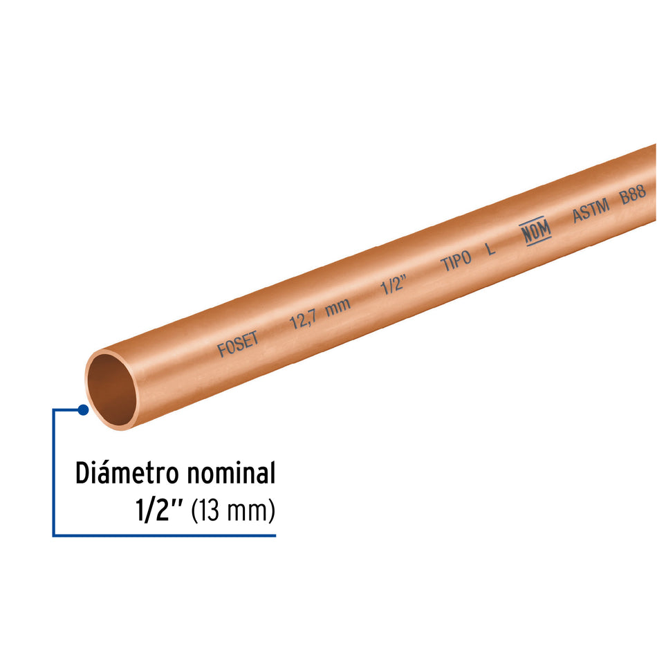 Tubo rígido de cobre 1/2' tipo 'L', 3m, 1.2kg, FOSET