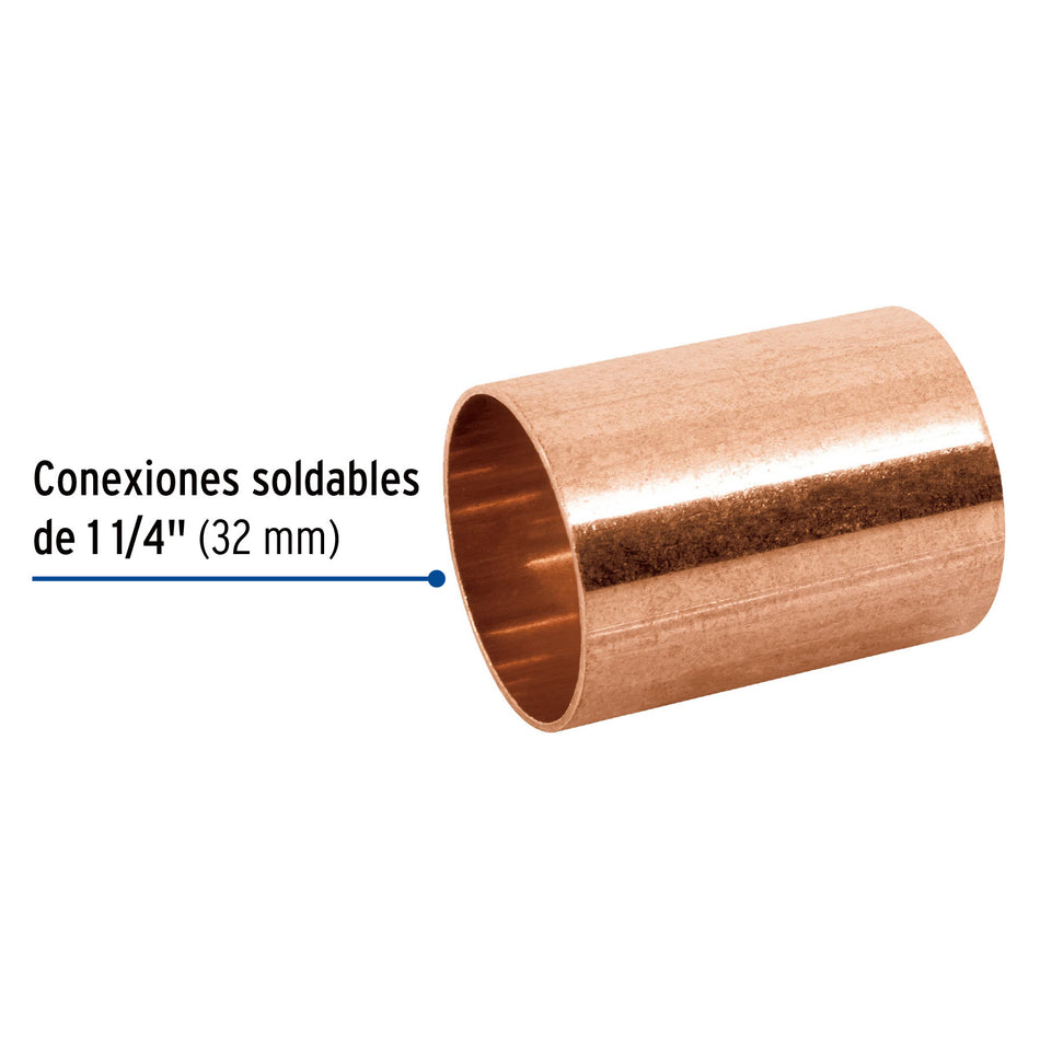 Cople de cobre 1-1/4', sin ranura, FOSET 1/4'