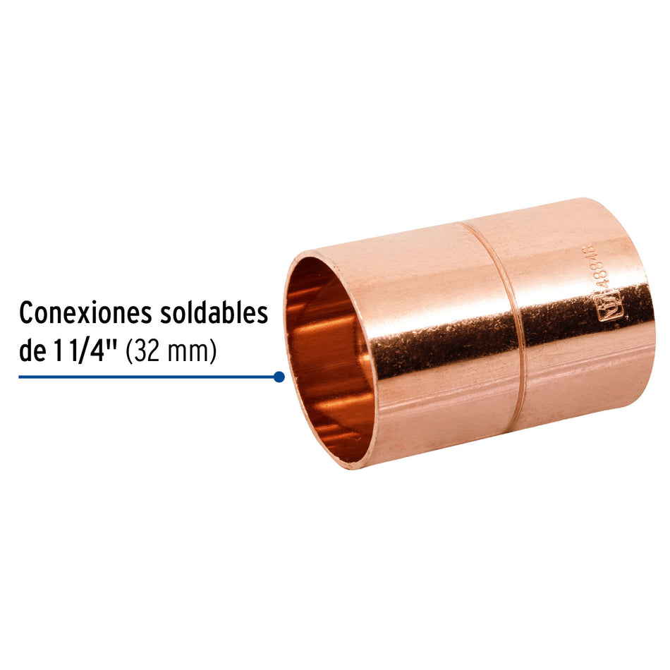 Cople de cobre 1-1/4', con ranura, FOSET 1/4'