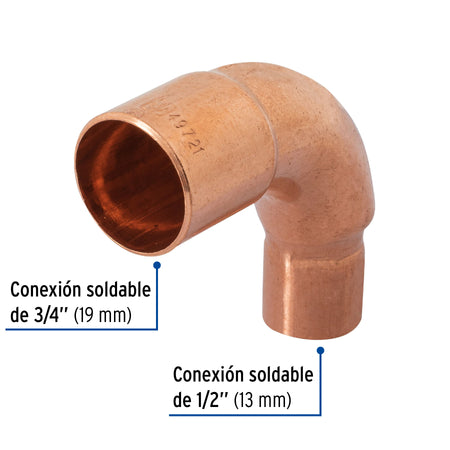 Codo 90° reduccion de cobre de 3/4" x 1/2" FOSET