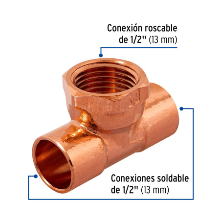 Tee de cobre rosca interior central FOSET 1/2"