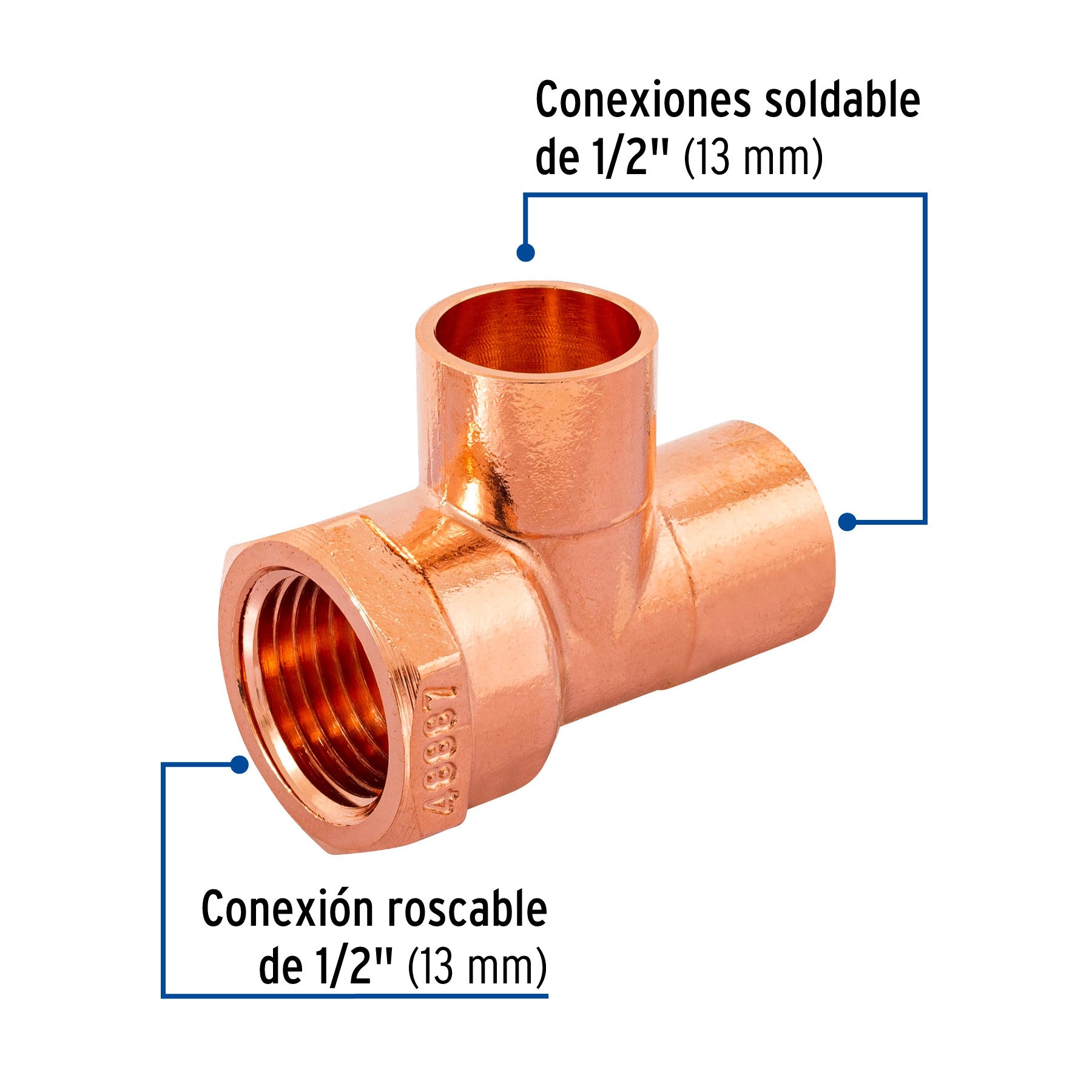 Tee de cobre rosca interior lateral 1/2', FOSET 1/2'