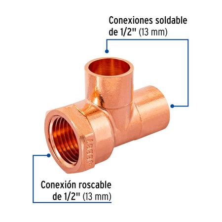 Tee de cobre rosca interior lateral 1/2', FOSET 1/2'
